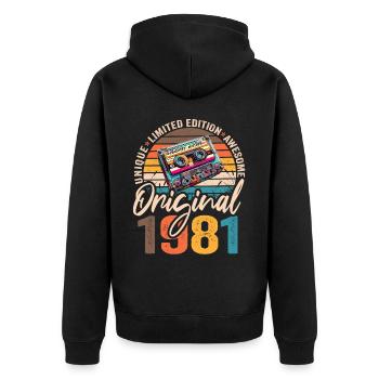 Vintage geboren 1981 Geburtstag Original 1981 - Unisex Premium Bio Zip Hoodie - Schwarz - Hinten - Nico (187cm)