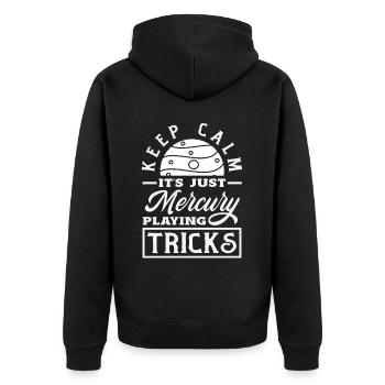 Rückläufige Planeten Merkur Rückläufig - Unisex Premium Bio Zip Hoodie - Schwarz - Hinten - Nico (187cm)