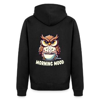 Mürrische Eule Mit Kaffee-morgenstimmung - Unisex Premium Bio Zip Hoodie - Schwarz - Hinten - Nico (187cm)