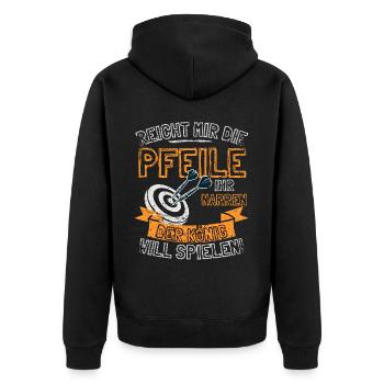Lustiger Darts Spruch REICHT MIR DIE PFEILE IHR - Unisex Premium Bio Zip Hoodie - Schwarz - Hinten - Nico (187cm)