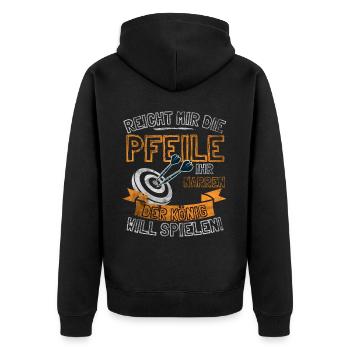 Lustiger Darts Spruch REICHT MIR DIE PFEILE IHR - Unisex Premium Bio Zip Hoodie - Schwarz - Hinten - Nico (187cm)