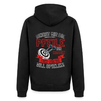 Lustiger Darts Spruch REICHT MIR DIE PFEILE IHR - Unisex Premium Bio Zip Hoodie - Schwarz - Hinten - Nico (187cm)