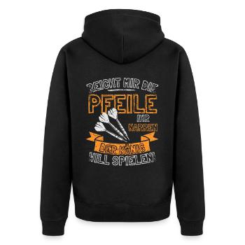 Lustiger Darts Spruch REICHT MIR DIE PFEILE IHR - Unisex Premium Bio Zip Hoodie - Schwarz - Hinten - Nico (187cm)