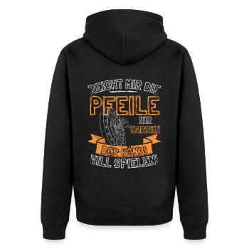 Lustiger Darts Spruch REICHT MIR DIE PFEILE IHR - Unisex Premium Bio Zip Hoodie - Schwarz - Hinten - Nico (187cm)