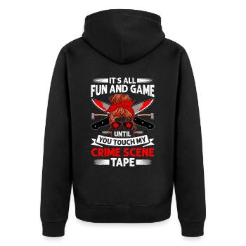 True Crime - Unisex Premium Bio Zip Hoodie - Schwarz - Hinten - Nico (187cm)
