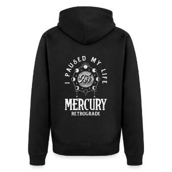 Rückläufige Planeten Merkur Rückläufig - Unisex Premium Bio Zip Hoodie - Schwarz - Hinten - Nico (187cm)