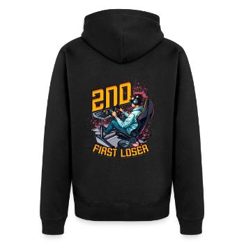 Sim Racing Sim Race 2nd First Loser - Unisex Premium Bio Zip Hoodie - Schwarz - Hinten - Nico (187cm)