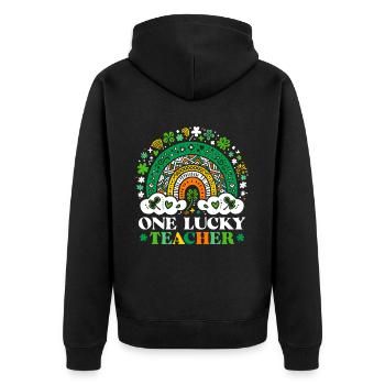 One Lucky Teacher - Unisex Premium Bio Zip Hoodie - Schwarz - Hinten - Nico (187cm)