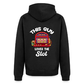 Dieser Typ Liebt Den Spielautomaten Gambler Dice - Unisex Premium Bio Zip Hoodie - Schwarz - Hinten - Nico (187cm)