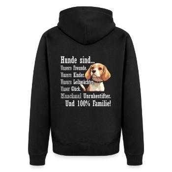 "Hunde sind 100% Familie" Beagle - Unisex Premium Bio Zip Hoodie - Schwarz - Hinten - Nico (187cm)