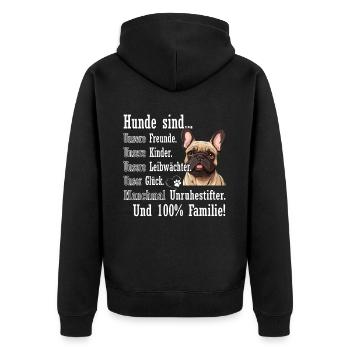 « Les chiens sont 100% famille » Bouledogue - Veste à capuche bio Premium Unisexe - noir - Dos - Nico (187cm)