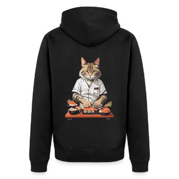Katzen Sushi Meister Lustiges Japan Food Design - Unisex Premium Bio Zip Hoodie - Schwarz - Hinten - Nico (187cm)