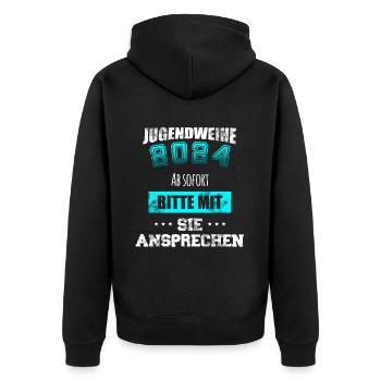 Jugendweihe 2024 - Bitte mit Sie ansprechen - Unisex Premium Bio Zip Hoodie - Schwarz - Hinten - Nico (187cm)