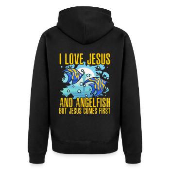 Ich liebe Jesus und den Kaiserfisch, aber Jesus steht an erster Stelle - Unisex Premium Bio Zip Hoodie - Schwarz - Hinten - Nico (187cm)
