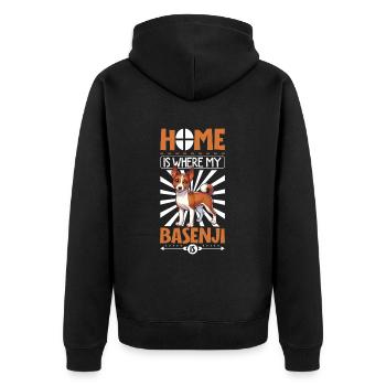 Zuhause - Basenji - Unisex Premium Bio Zip Hoodie - Schwarz - Hinten - Nico (187cm)