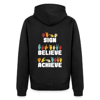 Sign Believe Achieve Retro Sign Language - Unisex Premium Bio Zip Hoodie - Schwarz - Hinten - Nico (187cm)