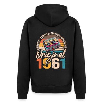 Jahrgang 1961 63.Geburtstag Kassette Tape 1961 - Unisex Premium Bio Zip Hoodie - Schwarz - Hinten - Nico (187cm)