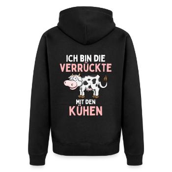 ICH BIN DIE VERRÜCKTE MIT DEN KÜHEN Lustiges - Unisex Premium Bio Zip Hoodie - Schwarz - Hinten - Nico (187cm)