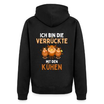 ICH BIN DIE VERRÜCKTE MIT DEN KÜHEN Lustiges - Unisex Premium Bio Zip Hoodie - Schwarz - Hinten - Nico (187cm)