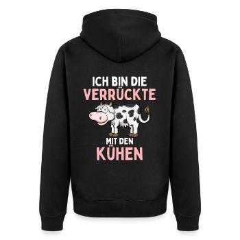 ICH BIN DIE VERRÜCKTE MIT DEN KÜHEN Lustiges - Unisex Premium Bio Zip Hoodie - Schwarz - Hinten - Nico (187cm)