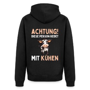 ACHTUNG! DIESE PERSON REDET MIT KÜHEN! Lustiges - Unisex Premium Bio Zip Hoodie - Schwarz - Hinten - Nico (187cm)