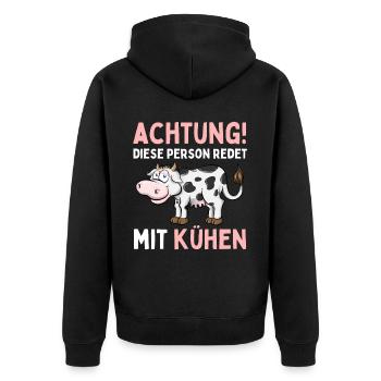 ACHTUNG! DIESE PERSON REDET MIT KÜHEN! Lustiges - Unisex Premium Bio Zip Hoodie - Schwarz - Hinten - Nico (187cm)