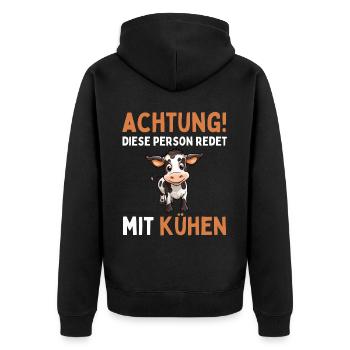 ACHTUNG! DIESE PERSON REDET MIT KÜHEN! Lustiges - Unisex Premium Bio Zip Hoodie - Schwarz - Hinten - Nico (187cm)