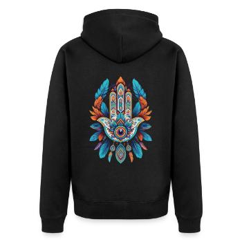 Spirituelle Hamsa Hand Mandala Federn - Unisex Premium Bio Zip Hoodie - Schwarz - Hinten - Nico (187cm)
