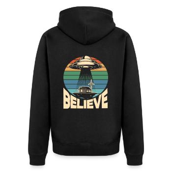 Retro Fliegende Untertasse Geschenk - Unisex Premium Bio Zip Hoodie - Schwarz - Hinten - Nico (187cm)