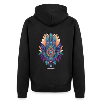 Hamsa Hand Spirituelles Mandala Federn Design - Unisex Premium Bio Zip Hoodie - Schwarz - Hinten - Nico (187cm)