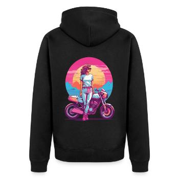 Retro Synthwave Motorrad Biker Girl Style - Unisex Premium Bio Zip Hoodie - Schwarz - Hinten - Nico (187cm)