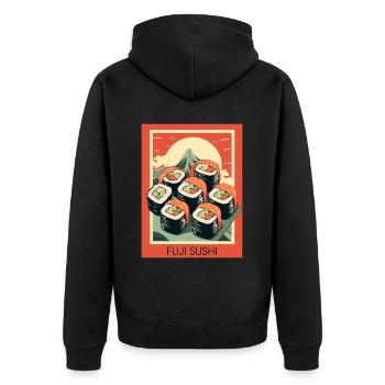 Parodie japanisch Werbeposter: Mount Fuji Sushi - Unisex Premium Bio Zip Hoodie - Schwarz - Hinten - Nico (187cm)
