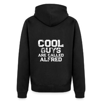 Cool guys are called Alfred - Unisex Premium Bio Zip Hoodie - Schwarz - Hinten - Nico (187cm)