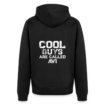 Cool guys are called Avi - Unisex Premium Bio Zip Hoodie - Schwarz - Hinten - Nico (187cm)