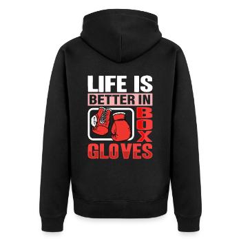 Life is better in Box Gloves - Unisex Premium Organic Zip Hoodie - black - Back - Nico (187cm)