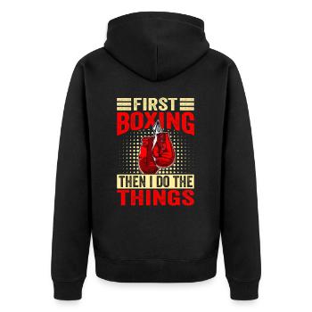 Erst Boxen, dann mache ich die Dinge - Unisex Premium Bio Zip Hoodie - Schwarz - Hinten - Nico (187cm)