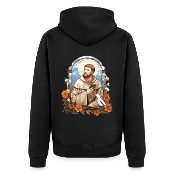 St Francis of Assisi Vintage Catholic Saint Spirit - Unisex Premium Bio Zip Hoodie - Schwarz - Hinten - Nico (187cm)