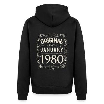 Vintage - Original since Januar 1980 Geburtstag - Unisex Premium Bio Zip Hoodie - Schwarz - Hinten - Nico (187cm)