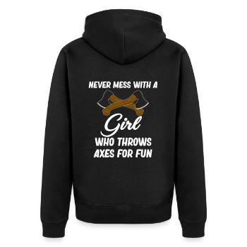 Lege Dich Niemals Mit Einem Mädchen An, Das Zum - Unisex Premium Bio Zip Hoodie - Schwarz - Hinten - Nico (187cm)
