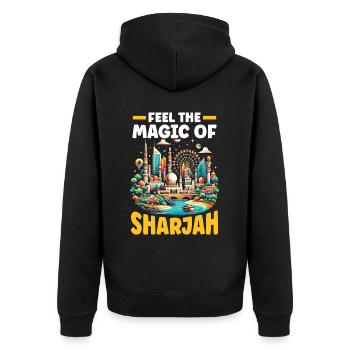 Sharjah Vereinigte Arabische Emirate Reisen Vereinigte Arabische Emirate - Unisex Premium Bio Zip Hoodie - Schwarz - Hinten - Nico (187cm)