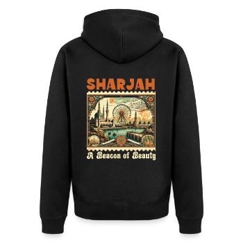 Sharjah Vereinigte Arabische Emirate Reisen Vereinigte Arabische Emirate - Unisex Premium Bio Zip Hoodie - Schwarz - Hinten - Nico (187cm)
