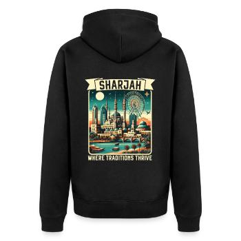 Sharjah Vereinigte Arabische Emirate Reisen Vereinigte Arabische Emirate - Unisex Premium Bio Zip Hoodie - Schwarz - Hinten - Nico (187cm)
