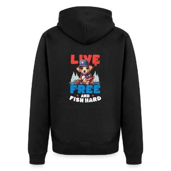 Fischer leben frei und fischen hart - Unisex Premium Bio Zip Hoodie - Schwarz - Hinten - Nico (187cm)