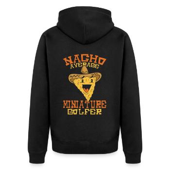 Geschenk für Minigolfspieler - Unisex Premium Bio Zip Hoodie - Schwarz - Hinten - Nico (187cm)