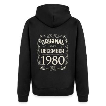 Vintage - Original since Dezember 1980 Geburtstag - Unisex Premium Bio Zip Hoodie - Schwarz - Hinten - Nico (187cm)