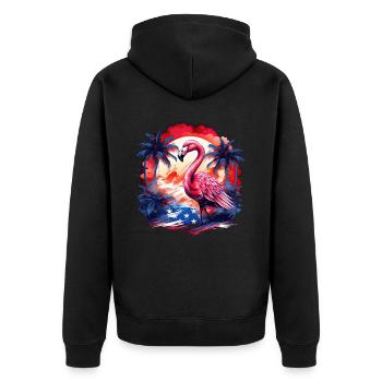 Patriotic Pink Flamingo Retro Beach Sunset US Flag - Unisex Premium Bio Zip Hoodie - Schwarz - Hinten - Nico (187cm)