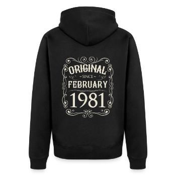 Vintage - Original since Februar 1981 Geburtstag - Unisex Premium Bio Zip Hoodie - Schwarz - Hinten - Nico (187cm)