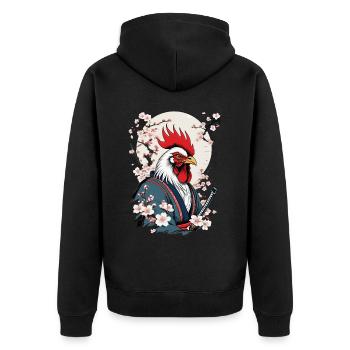Vintage Hahn Samurai Ukiyo-E Style Design - Unisex Premium Bio Zip Hoodie - Schwarz - Hinten - Nico (187cm)