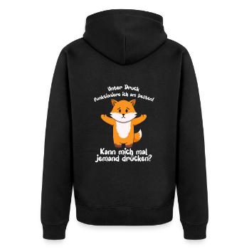 Unter Druck Funktioniere Ich Am Besten - Unisex Premium Bio Zip Hoodie - Schwarz - Hinten - Nico (187cm)