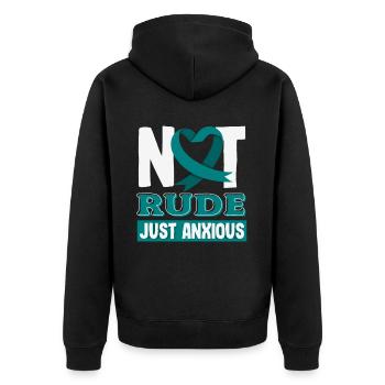 Teal Ribbon PTSD Stress Anxiety Disorder - Unisex Premium Organic Zip Hoodie - black - Back - Nico (187cm)